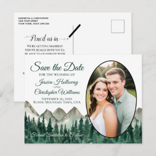 Rustic Mountains & Pine Oval Photo Save The Date Announcement Postcard