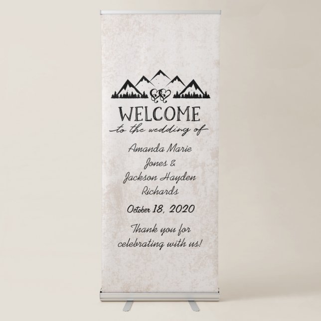 Rustic Mountains & Pine Trees Wedding Welcome Retractable Banner (Front)