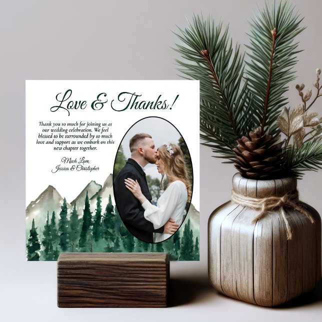 Rustic Mountains & Pines Oval Photo Wedding Thank You Card (Creator Uploaded)