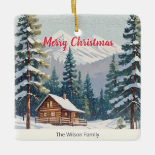 Rustic Mountains Snow Country Cabin Christmas Ceramic Ornament