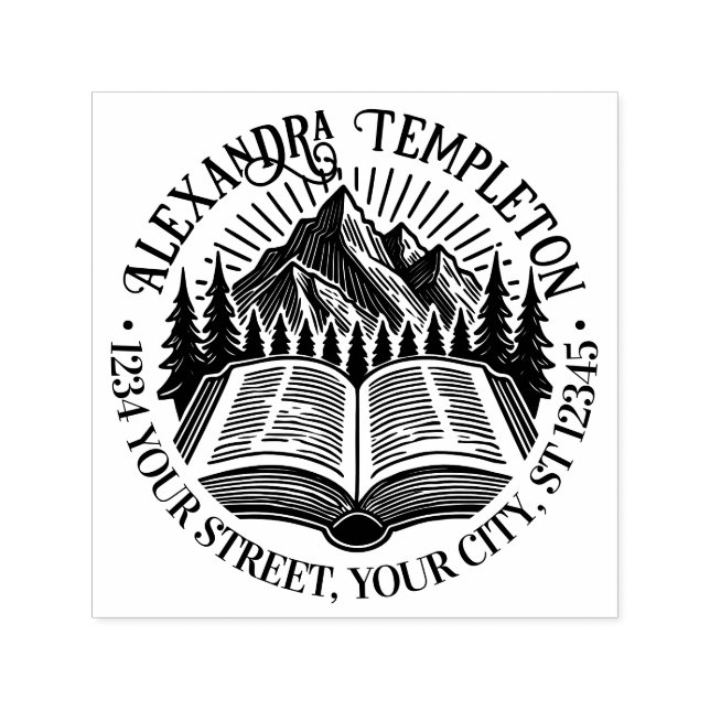 Rustic Mountains Trees Sun Rays Library Book Name Self-inking Stamp (Design)