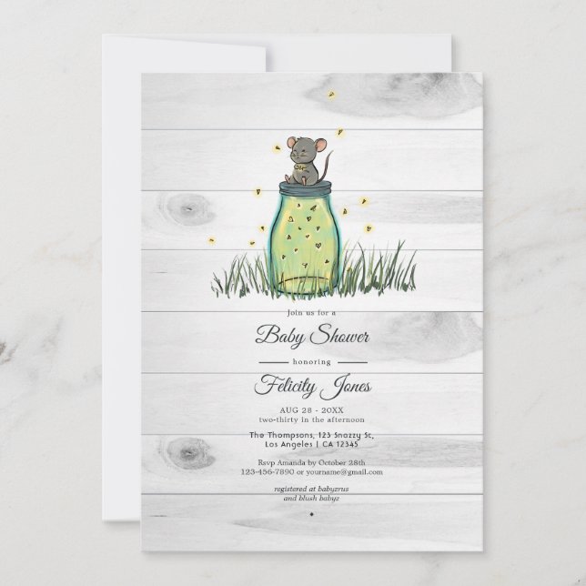 Rustic Mouse Firefly Mason Jar Baby Shower Invitation (Front)