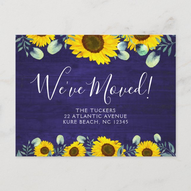 Rustic Moving Announcement Sunflowers on Wood Postcard (Front)
