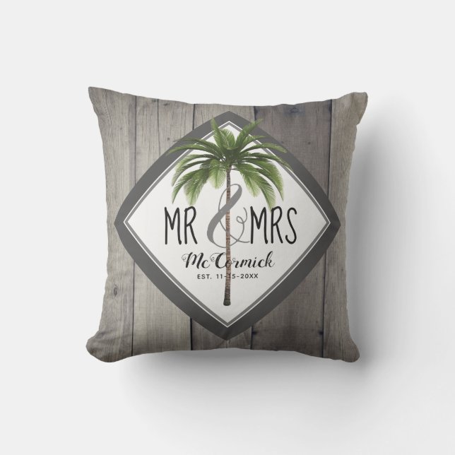Rustic Mr And Mrs Grey Monogram Palm Tree Newlywed Cushion (Front)