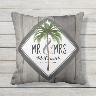 Rustic Mr And Mrs Grey Monogram Palm Tree Newlywed Cushion