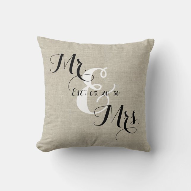 Rustic Mr and Mrs Linen Custom Wedding Cushion (Front)