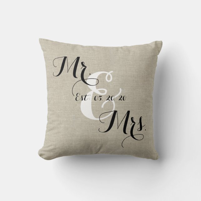 Rustic Mr and Mrs Linen Custom Wedding Pillow (Front)