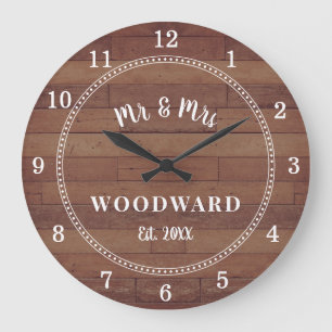 Rustic Mr And Mrs Monogrammed Wedding Newlyweds  Large Clock