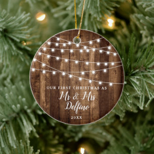 Rustic Mr and Mrs Personalized Wood String Lights Ceramic Tree Decoration