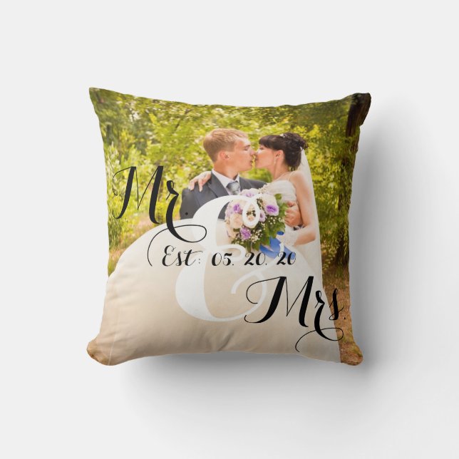Rustic Mr and Mrs Photo | Wedding Throw Pillow (Front)