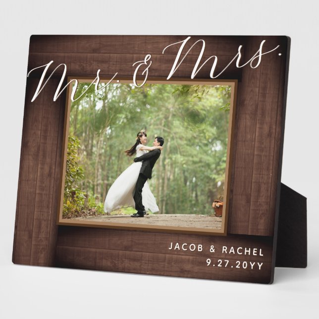 Rustic Mr. & Mrs. Elegant Script Wedding Photo Plaque (Side)