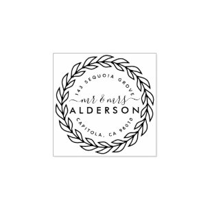 Rustic Mr & Mrs Hand Drawn Wreath Return Address Rubber Stamp