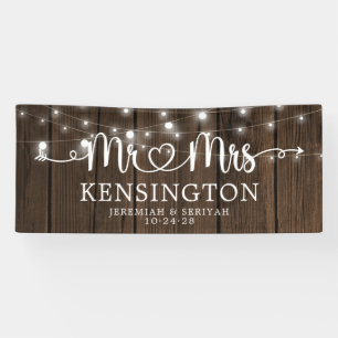 Rustic Mr Mrs Heart Script Lights Wood Wedding Banner
