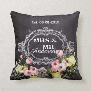 rustic mr. mrs  vintage flowers Chalkboard wedding Cushion