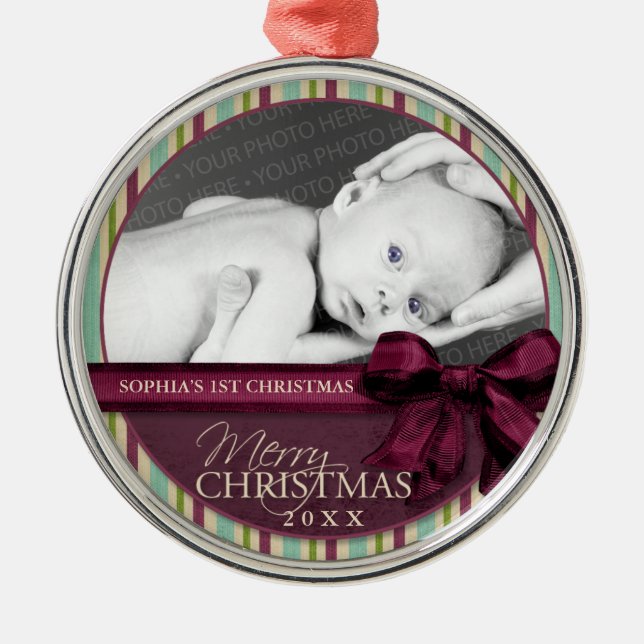 Rustic Multi-Colour Stripes Photo Metal Tree Decoration (Front)