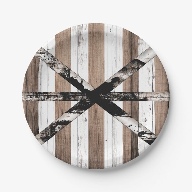 Rustic Multi Wood White & Brown Barn Door Paper Plate (Front)