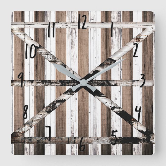 Rustic Multi Wood White & Brown Barn Door Square Wall Clock (Front)