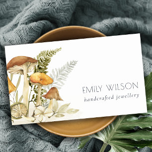 Rustic Mushroom Fern Foliage Watercolor Autumn Business Card