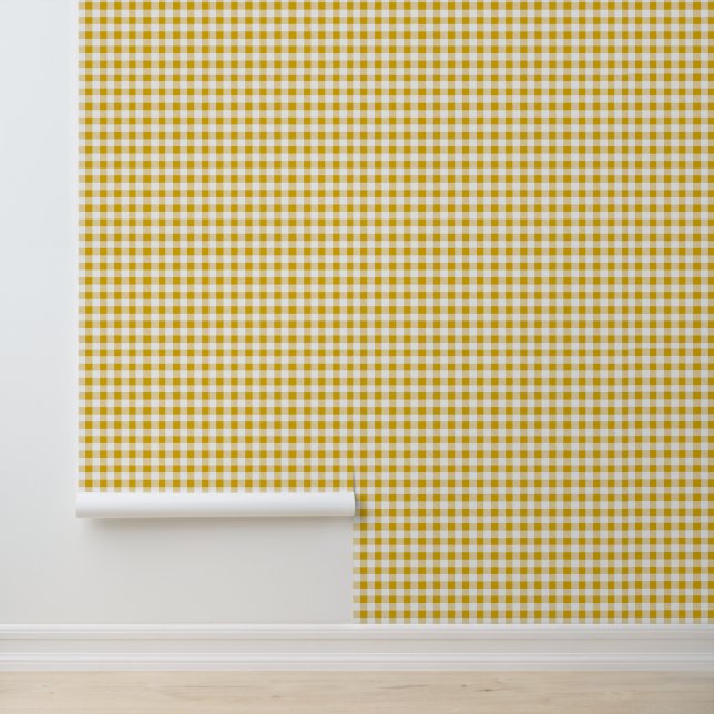 Rustic Mustard Yellow Small Gingham Pattern Wallpaper (Application)