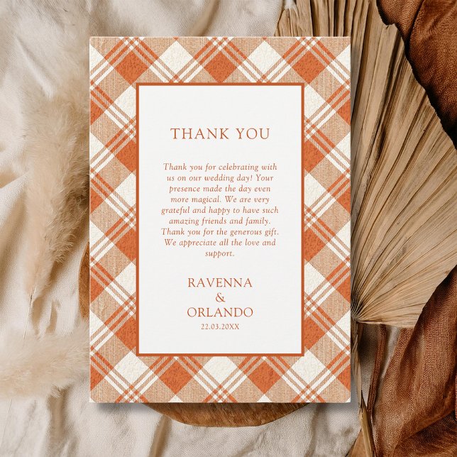 Rustic Muted Orange Plaid Gingham Thank You Card (Creator Uploaded)