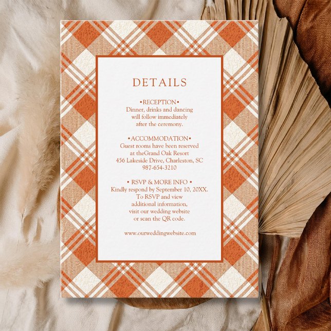 Rustic Muted Orange Plaid Gingham Wedding Details Enclosure Card (Creator Uploaded)