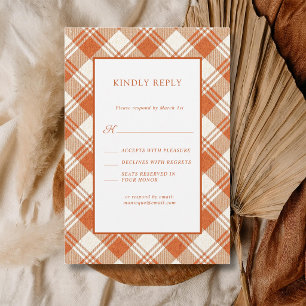 Rustic Muted Orange Plaid Gingham Wedding RSVP Card