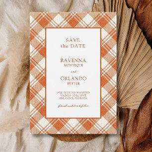 Rustic Muted Orange Plaid Gingham Wedding Save The Date