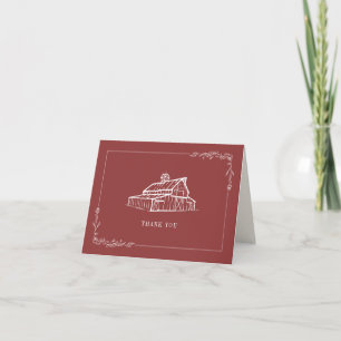Rustic Muted Red Barn Farm Wedding Thank You Card