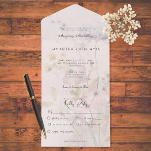 Rustic Muted Wildflowers on Blush Pink Dinner  All In One Invitation