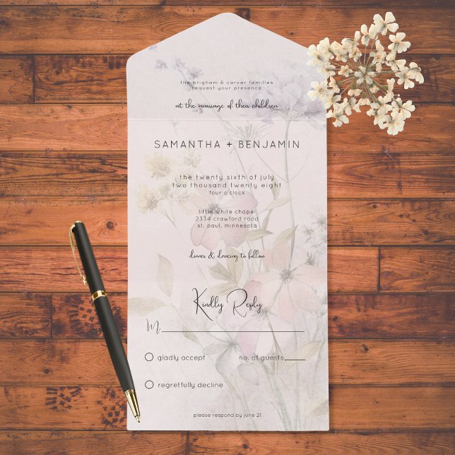 Rustic Muted Wildflowers on Blush Pink No Dinner  All In One Invitation (Creator Uploaded)