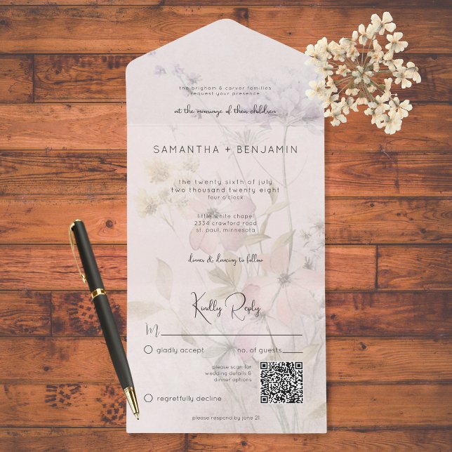Rustic Muted Wildflowers on Blush Pink QR Code  All In One Invitation (Creator Uploaded)
