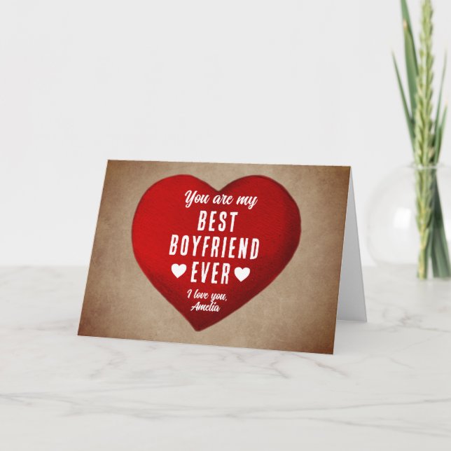 Rustic My Best Boyfriend Ever Red Heart  Holiday Card (Front)