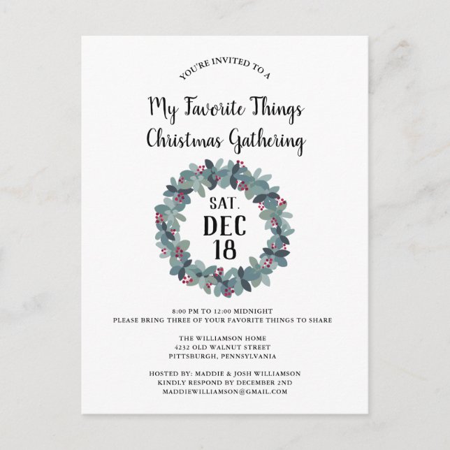 Rustic My Favourite Things Christmas Party  Invite Postcard (Front)