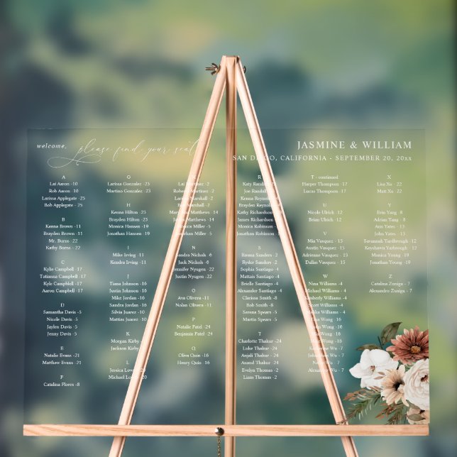 Rustic N Boho Floral Alphabetical Seating Chart SW (Neutral)