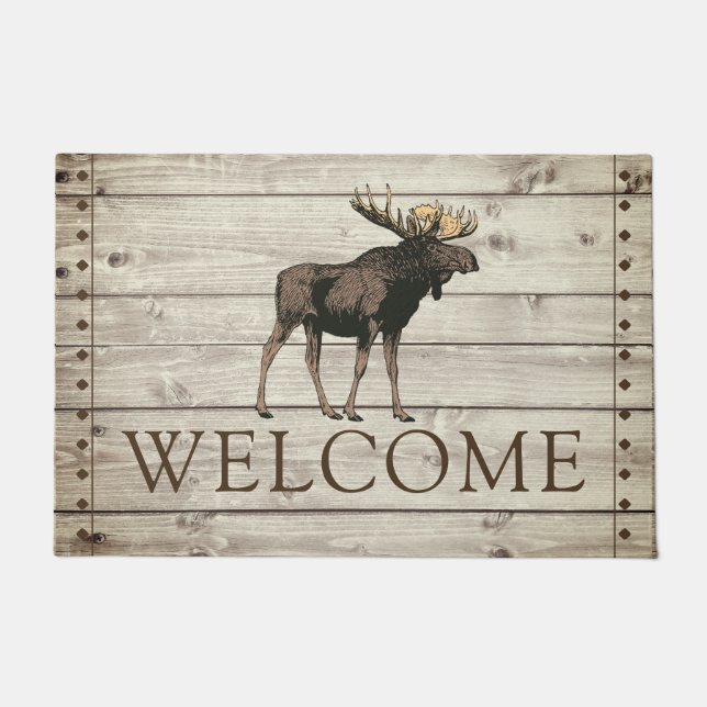 Rustic Nail Edged Wood Walking Moose Welcome Doormat (Front)