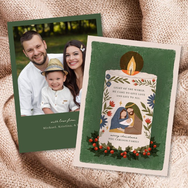 Rustic Nativity Candle Religious Christmas Photo Holiday Card (Creator Uploaded)