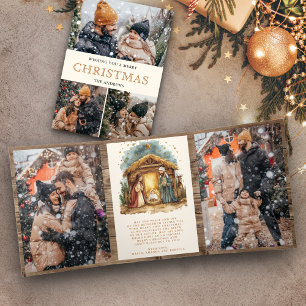 Rustic Nativity Scene Photo Collage Christmas Tri-Fold Holiday Card