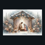 Rustic Nativity Scene with Winter Florals Acrylic Print<br><div class="desc">This serene nativity scene captures the peaceful beauty of the Holy Family beneath a rustic wooden stable, gently lit by lanterns and surrounded by soft snowfall. The design features Mary, Joseph, and baby Jesus in a warm, reverent moment, accentuated by delicate winter florals, snow-covered pine branches, and glowing string lights....</div>
