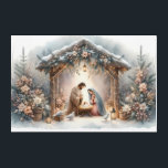 Rustic Nativity Scene with Winter Florals Acrylic Print<br><div class="desc">This serene nativity scene captures the peaceful beauty of the Holy Family beneath a rustic wooden stable, gently lit by lanterns and surrounded by soft snowfall. The design features Mary, Joseph, and baby Jesus in a warm, reverent moment, accentuated by delicate winter florals, snow-covered pine branches, and glowing string lights....</div>