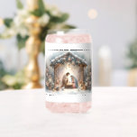 Rustic Nativity Scene with Winter Florals Can Glass<br><div class="desc">This serene nativity scene captures the peaceful beauty of the Holy Family beneath a rustic wooden stable, gently lit by lanterns and surrounded by soft snowfall. The design features Mary, Joseph, and baby Jesus in a warm, reverent moment, accentuated by delicate winter florals, snow-covered pine branches, and glowing string lights....</div>
