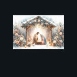 Rustic Nativity Scene with Winter Florals Canvas Print<br><div class="desc">This serene nativity scene captures the peaceful beauty of the Holy Family beneath a rustic wooden stable, gently lit by lanterns and surrounded by soft snowfall. The design features Mary, Joseph, and baby Jesus in a warm, reverent moment, accentuated by delicate winter florals, snow-covered pine branches, and glowing string lights....</div>
