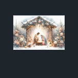 Rustic Nativity Scene with Winter Florals Canvas Print<br><div class="desc">This serene nativity scene captures the peaceful beauty of the Holy Family beneath a rustic wooden stable, gently lit by lanterns and surrounded by soft snowfall. The design features Mary, Joseph, and baby Jesus in a warm, reverent moment, accentuated by delicate winter florals, snow-covered pine branches, and glowing string lights....</div>