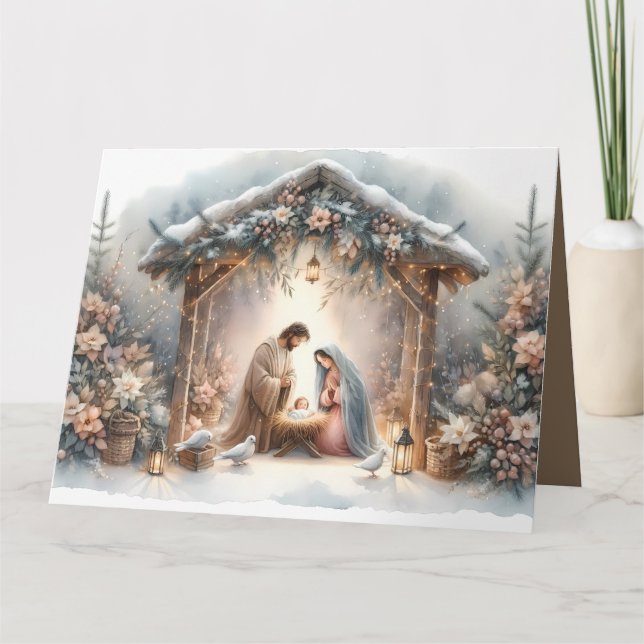 Rustic Nativity Scene with Winter Florals Card (Front)
