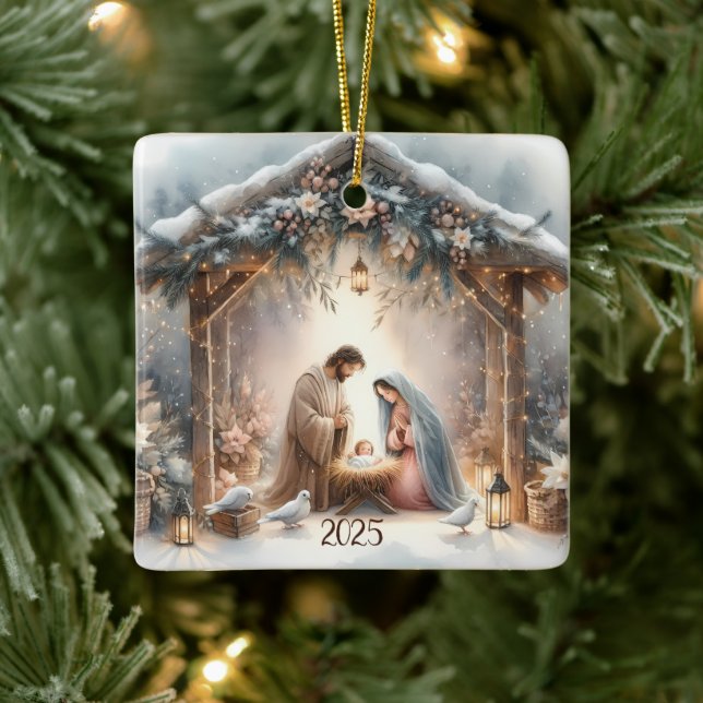 Rustic Nativity Scene with Winter Florals Card Ceramic Ornament (Tree)