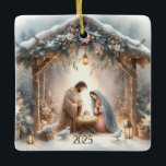 Rustic Nativity Scene with Winter Florals Card Ceramic Ornament<br><div class="desc">This serene nativity scene captures the peaceful beauty of the Holy Family beneath a rustic wooden stable, gently lit by lanterns and surrounded by soft snowfall. The design features Mary, Joseph, and baby Jesus in a warm, reverent moment, accentuated by delicate winter florals, snow-covered pine branches, and glowing string lights....</div>