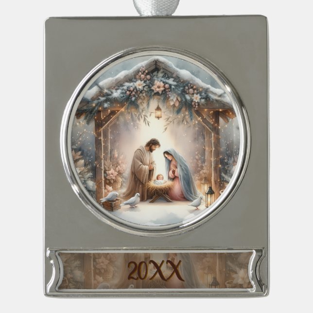 Rustic Nativity Scene with Winter Florals Card Silver Plated Banner Ornament (Front)