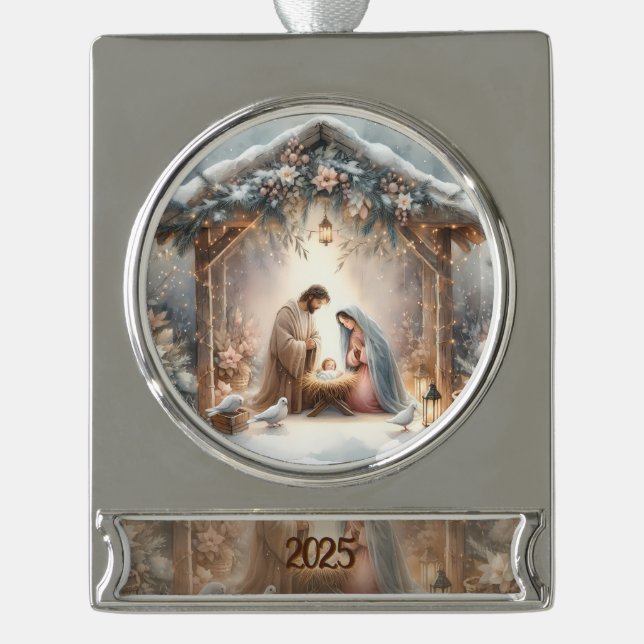 Rustic Nativity Scene with Winter Florals Card Silver Plated Banner Ornament (Front)