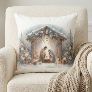 Rustic Nativity Scene with Winter Florals Cushion