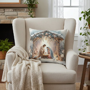 Rustic Nativity Scene with Winter Florals Cushion