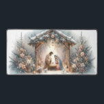 Rustic Nativity Scene with Winter Florals Desk Mat<br><div class="desc">This serene nativity scene captures the peaceful beauty of the Holy Family beneath a rustic wooden stable, gently lit by lanterns and surrounded by soft snowfall. The design features Mary, Joseph, and baby Jesus in a warm, reverent moment, accentuated by delicate winter florals, snow-covered pine branches, and glowing string lights....</div>